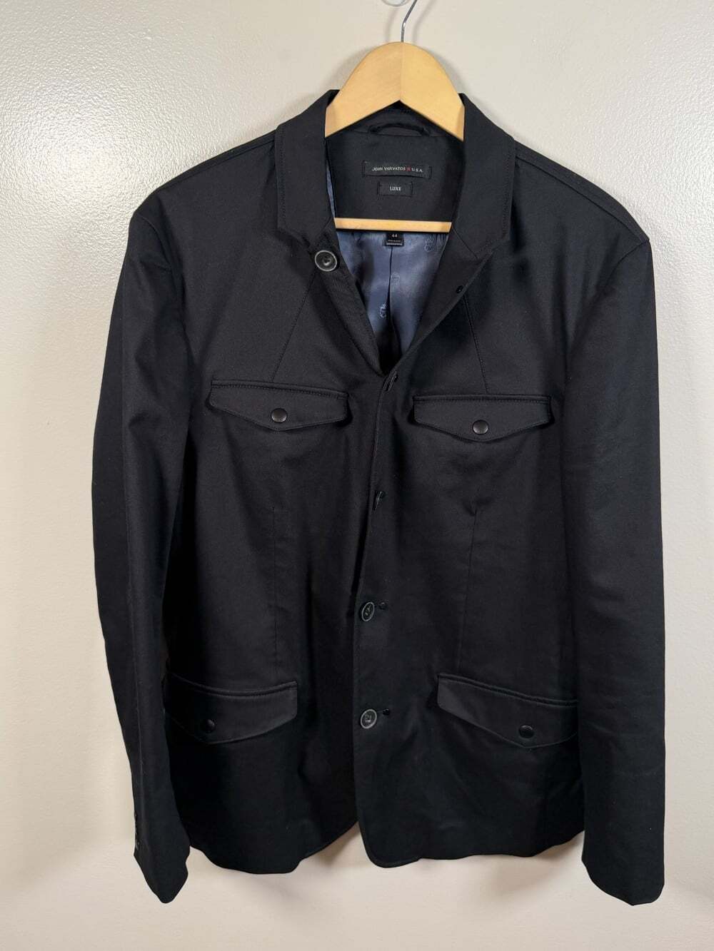 John Varvatos Luxe Utility Jacket Mens 44 Black Military Moto Cotton Blend Slim